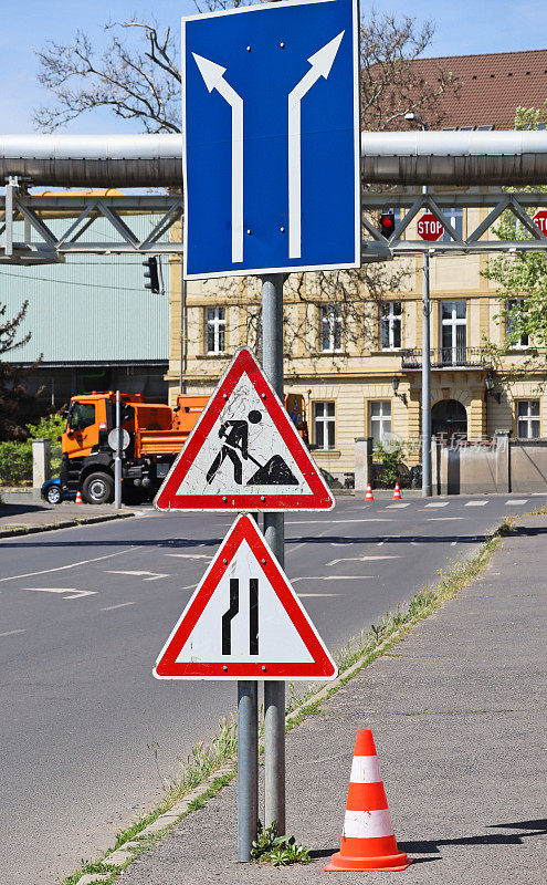 Road works traffic sign at the road construction site